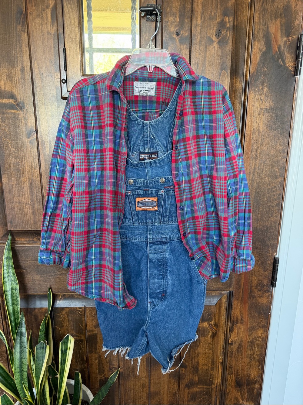 The Limited Denim Shortalls with Red & Blue Plaid Shirt